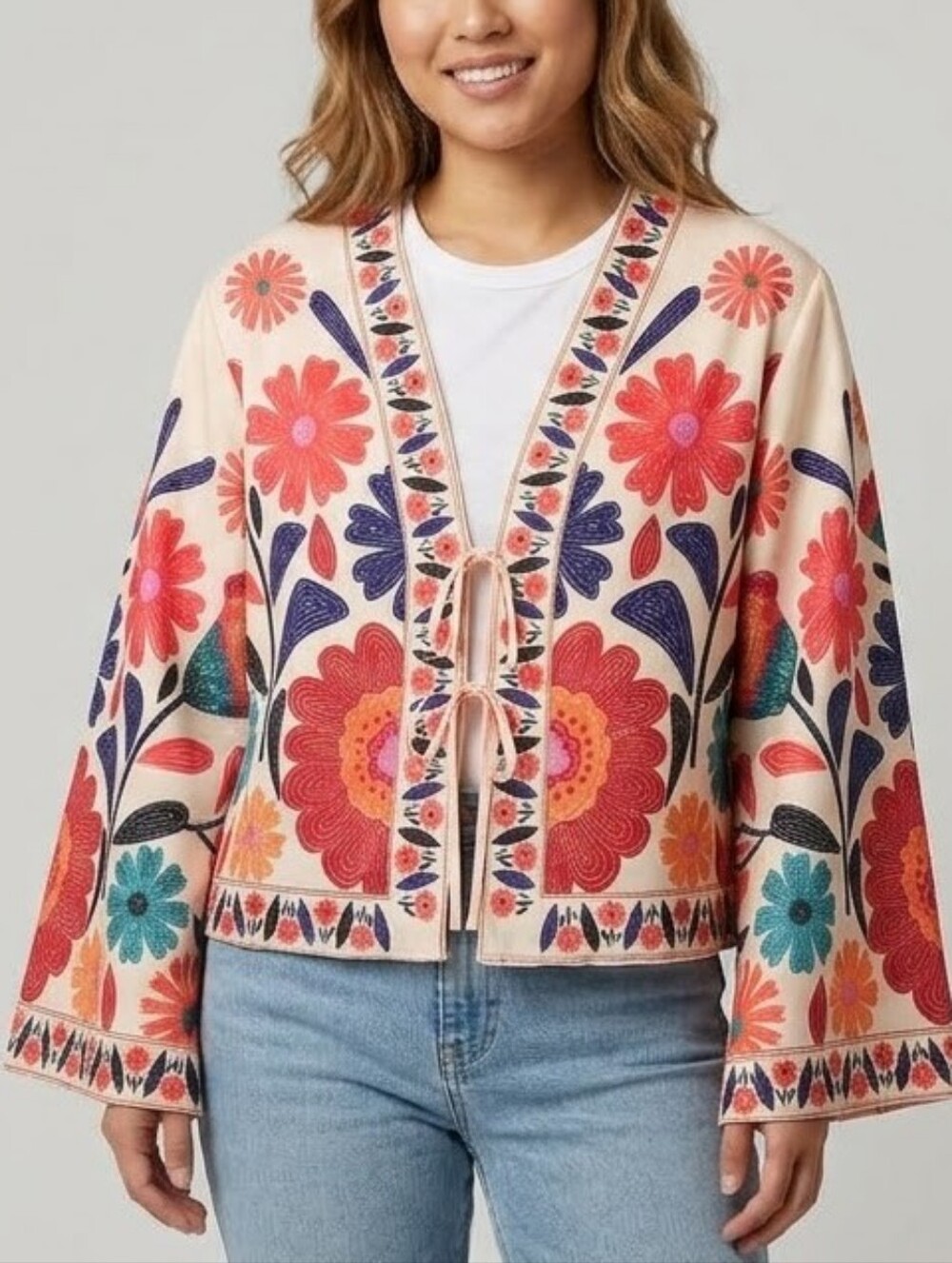 Vibrant Boho Floral Tie-Front Kimono Blouse Pink Red Blue- Size Large - NWT